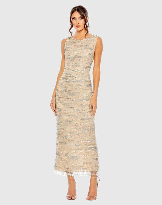 Mac Duggal Beige Sleeveless Embellished Dress With Fringe Hem