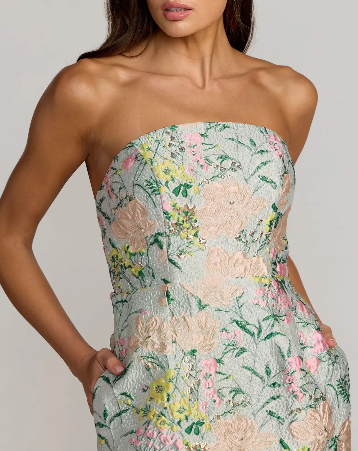 Mac Duggal Multicolor Strapless Brocade Midi Dress With Pockets