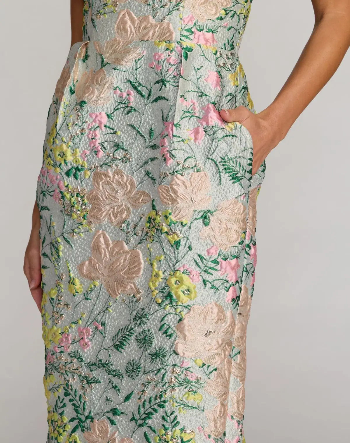 Mac Duggal Multicolor Strapless Brocade Midi Dress With Pockets