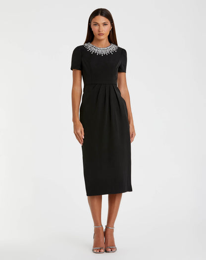Mac Duggal Petite Black Short Sleeve Rhinestone Neckline Midi Dress