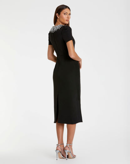 Mac Duggal Petite Black Short Sleeve Rhinestone Neckline Midi Dress