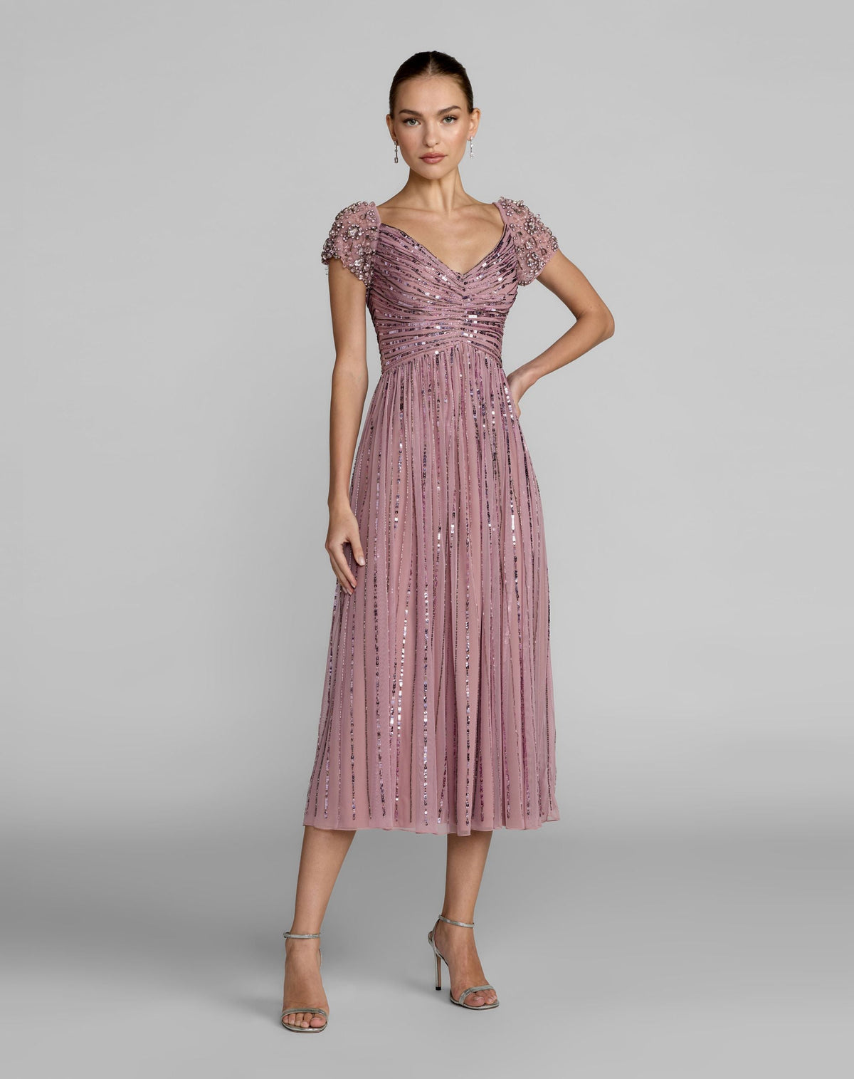 Mac Duggal Purple Embellished Cap Sleeve Midi Dress
