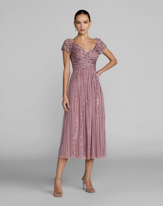 Mac Duggal Purple Embellished Cap Sleeve Midi Dress