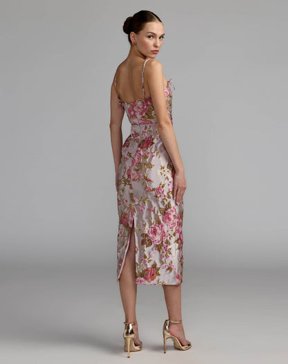 Mac Duggal Light Pink Floral Brocade Bow Strap Midi Dress