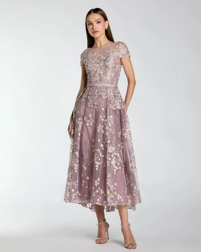 Mac Duggal Purple Embroidered Cap Sleeve High Neck Midi Dress