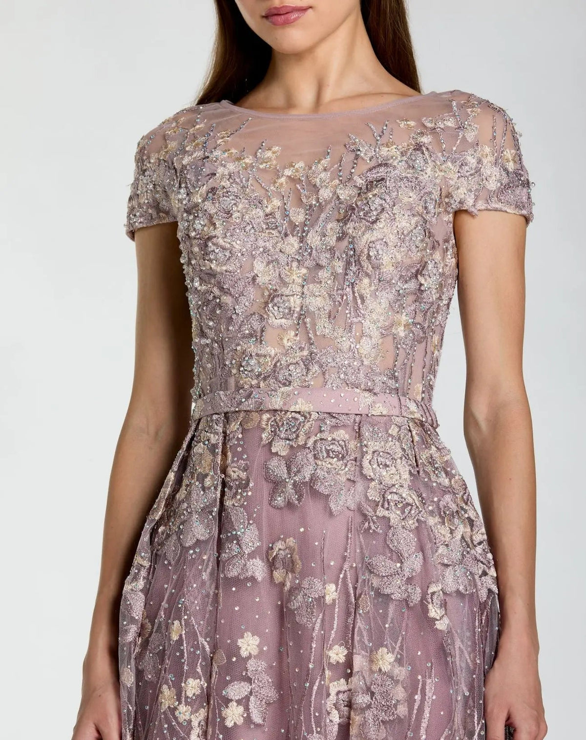 Mac Duggal Purple Embroidered Cap Sleeve High Neck Midi Dress