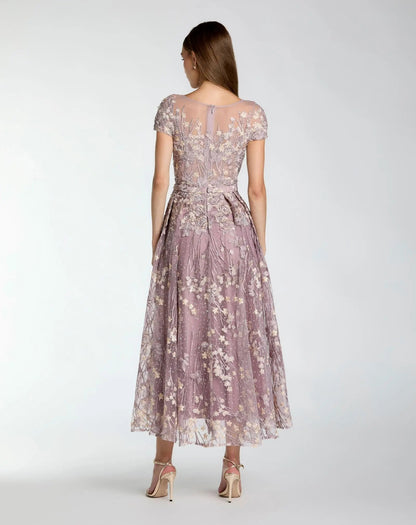 Mac Duggal Purple Embroidered Cap Sleeve High Neck Midi Dress