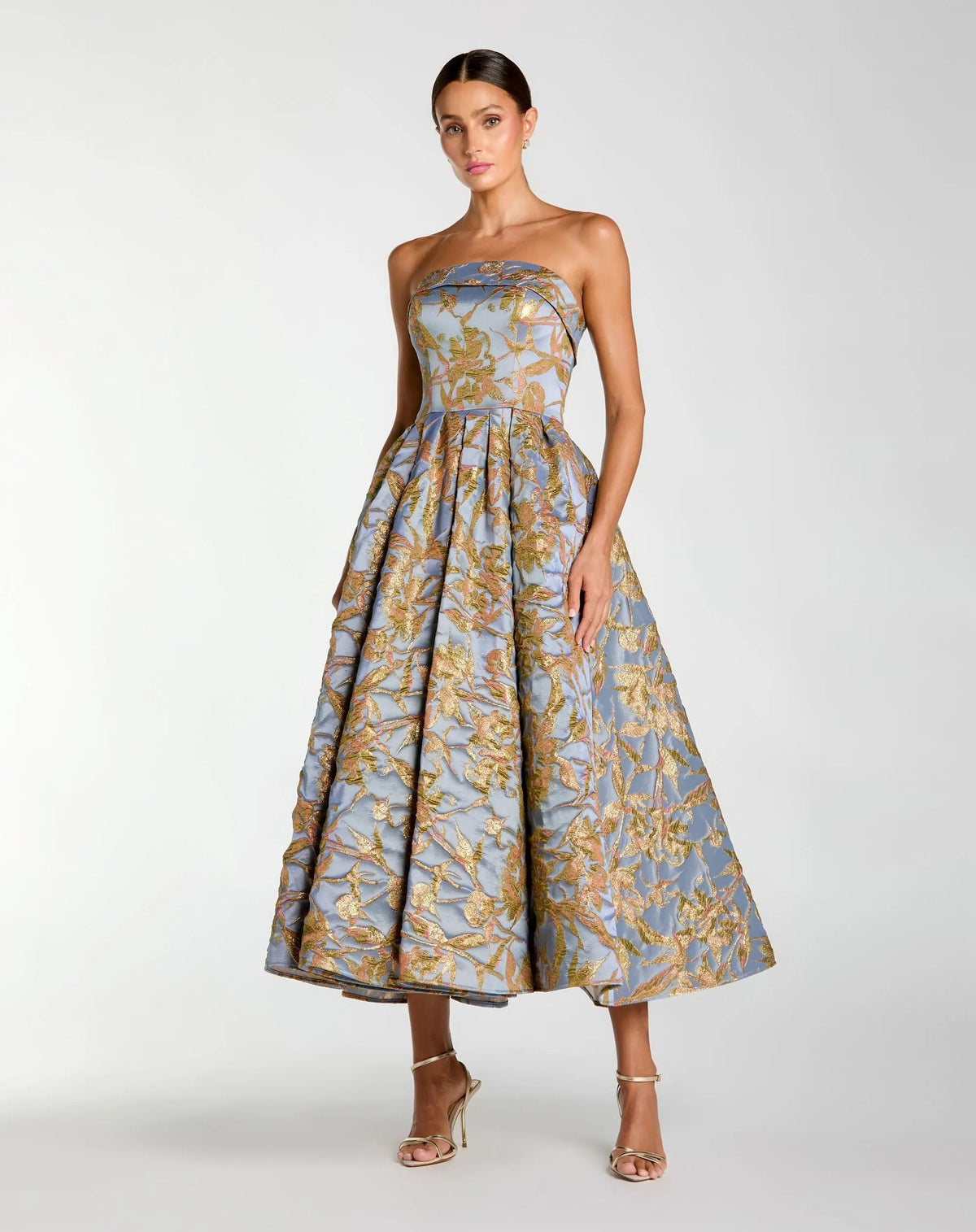 Mac Duggal Blue Strapless Brocade Midi Dress With Pockets