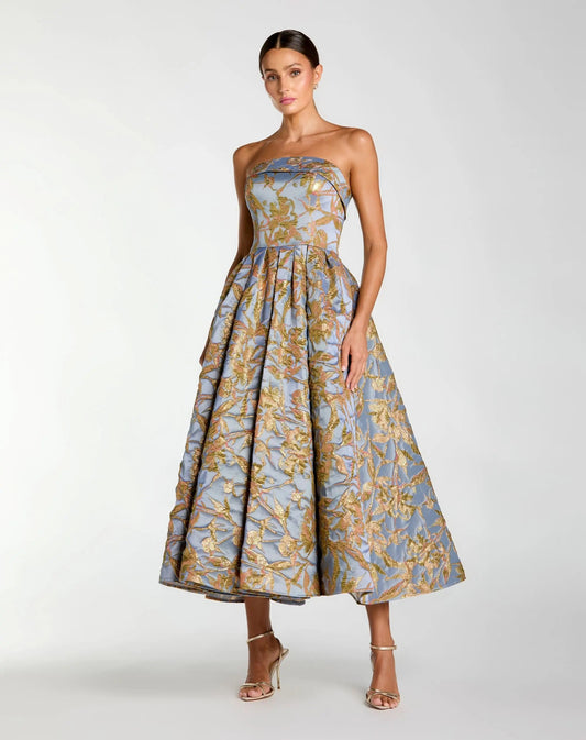 Mac Duggal Blue Strapless Brocade Midi Dress With Pockets