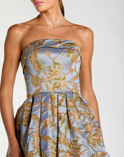 Mac Duggal Blue Strapless Brocade Midi Dress With Pockets