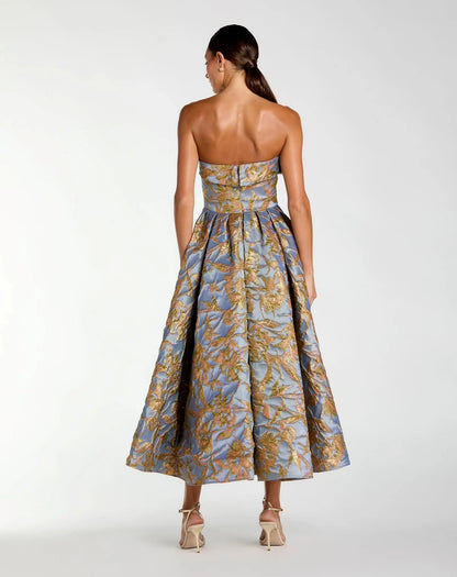 Mac Duggal Blue Strapless Brocade Midi Dress With Pockets
