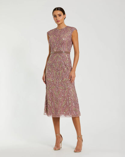 Mac Duggal Purple Sequin Embellished High Neck Midi Dress