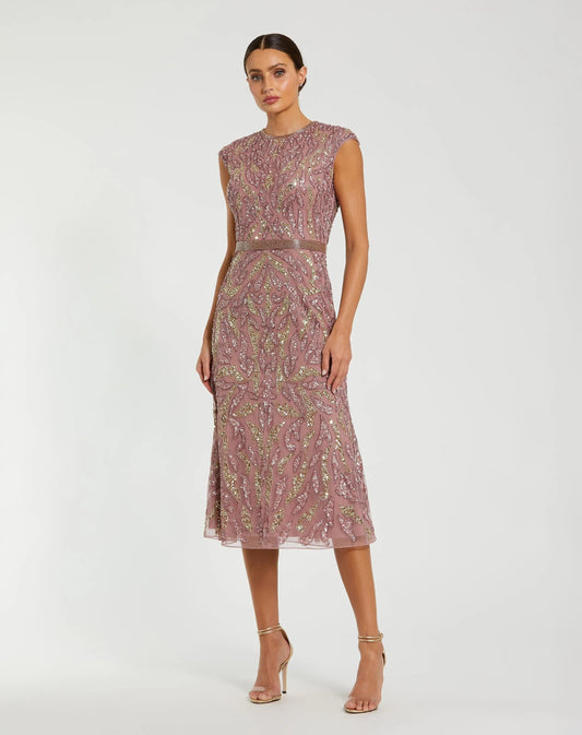 Mac Duggal Purple Sequin Embellished High Neck Midi Dress