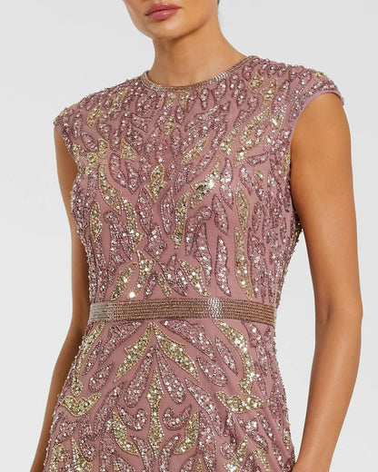 Mac Duggal Purple Sequin Embellished High Neck Midi Dress
