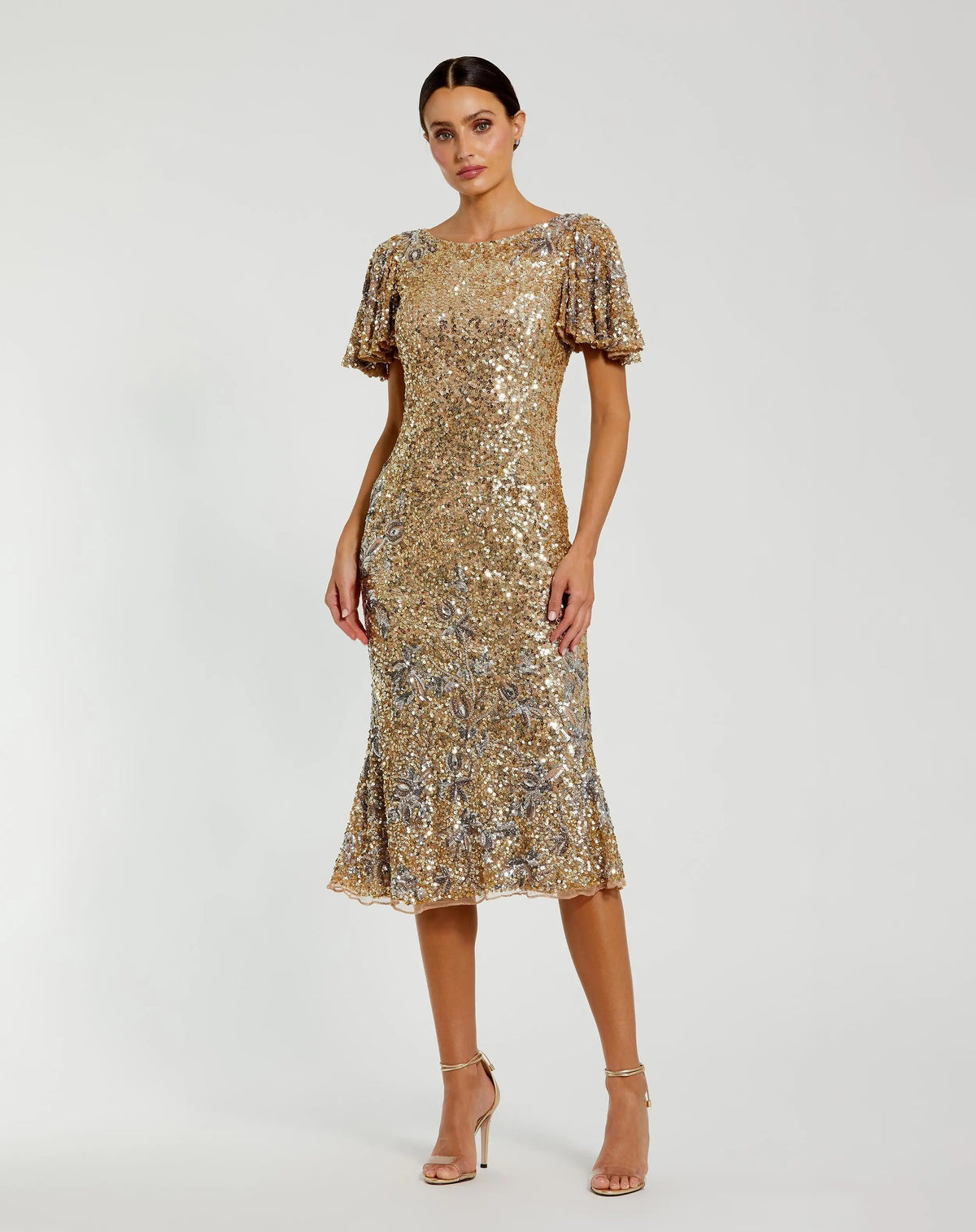 Mac Duggal Gold Flutter Sleeve Floral Embellished Sequin Midi Dress