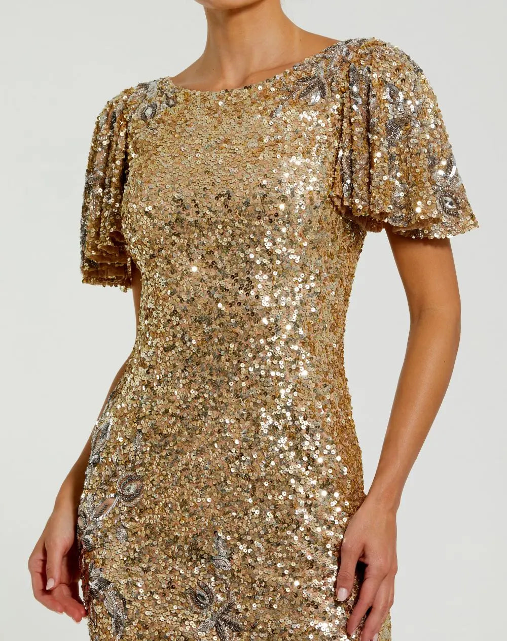 Mac Duggal Gold Flutter Sleeve Floral Embellished Sequin Midi Dress