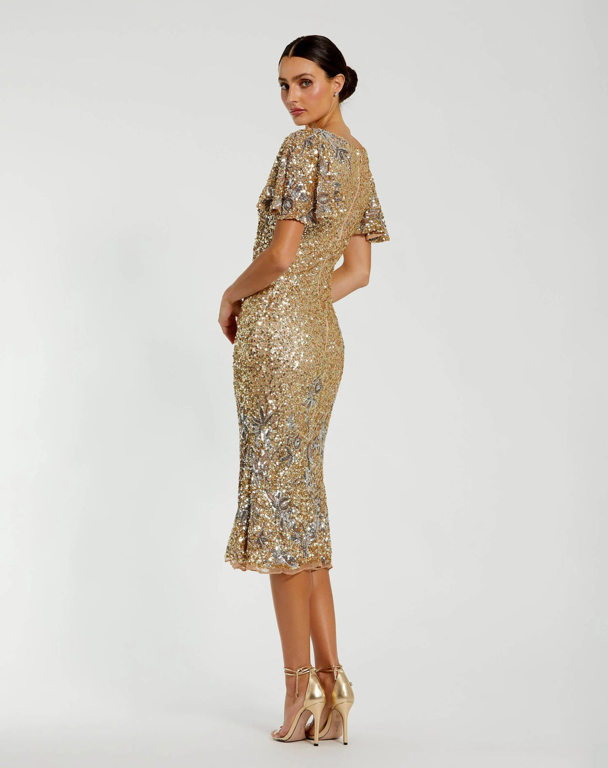 Mac Duggal Gold Flutter Sleeve Floral Embellished Sequin Midi Dress