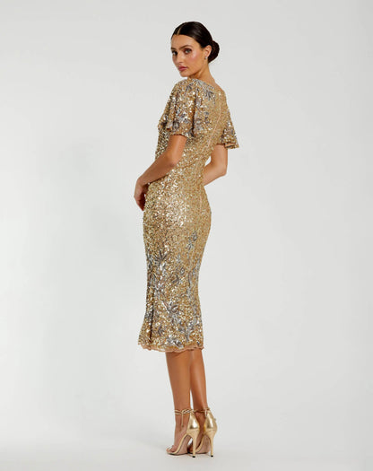 Mac Duggal Gold Flutter Sleeve Floral Embellished Sequin Midi Dress
