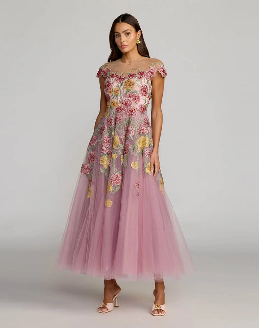 Mac Duggal Purple Floral Embroidered Illusion Sweetheart Midi Dress