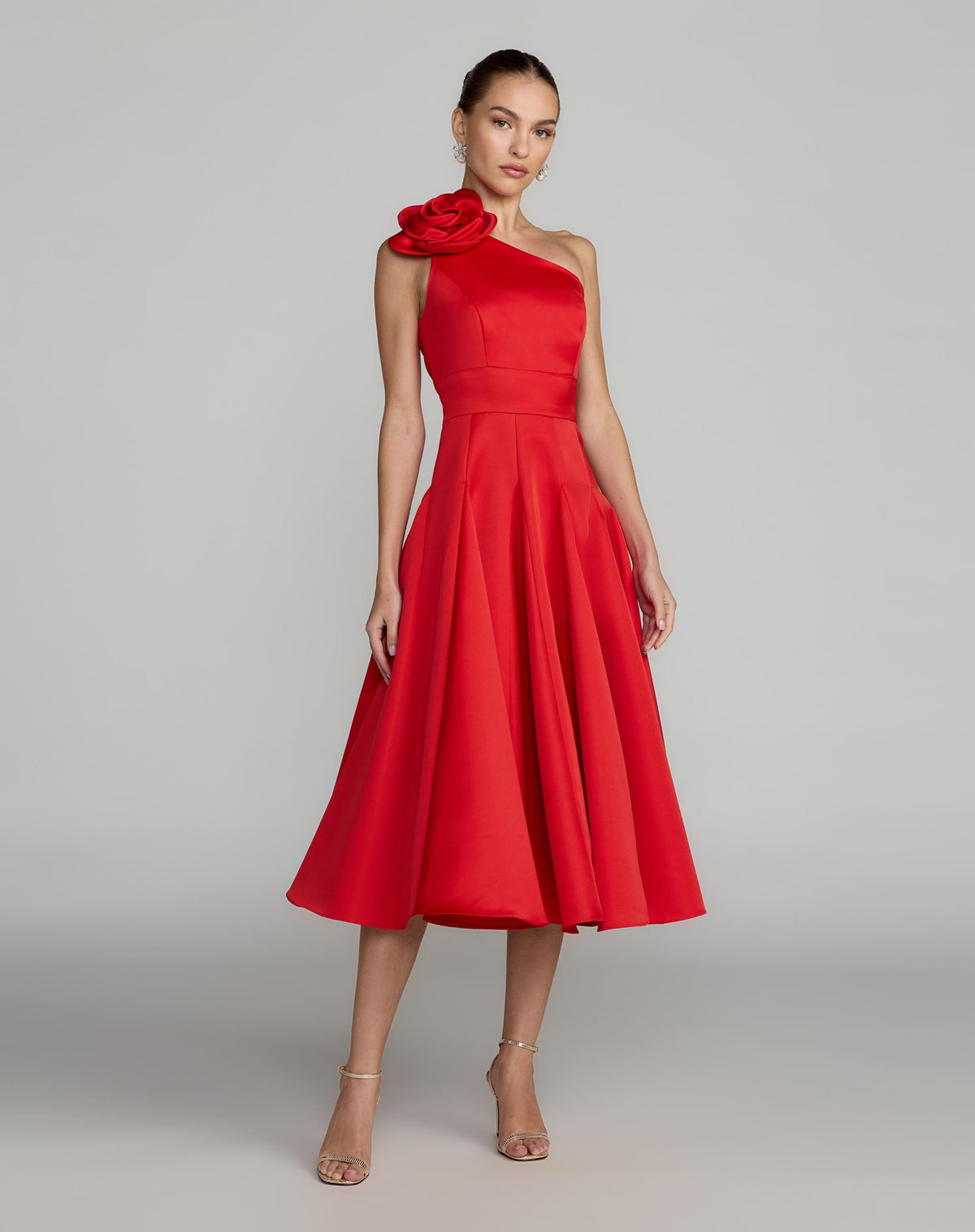 Mac Duggal Red One Shoulder Satin Midi Dress With 3D Flower