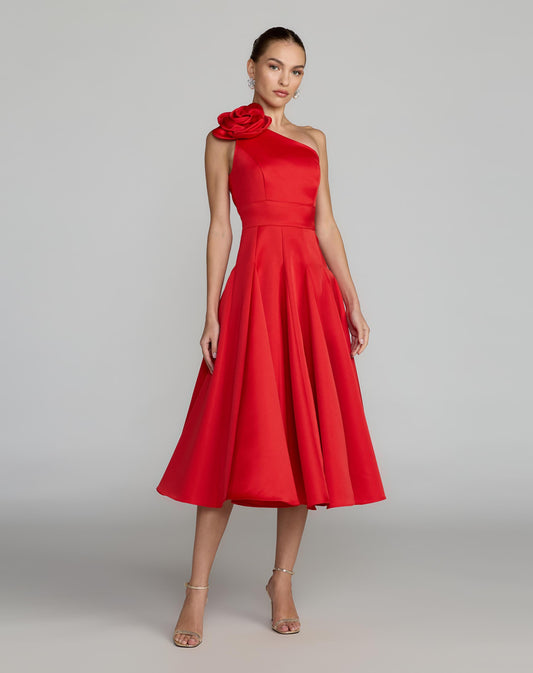 Mac Duggal Red One Shoulder Satin Midi Dress With 3D Flower
