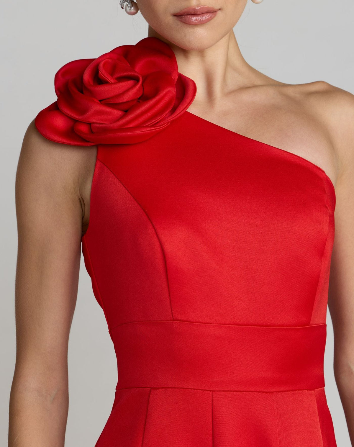 Mac Duggal Red One Shoulder Satin Midi Dress With 3D Flower