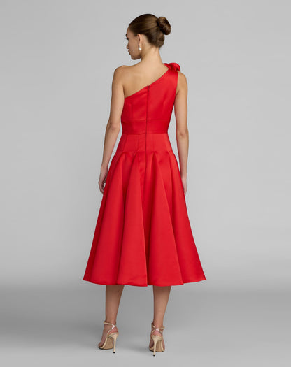 Mac Duggal Red One Shoulder Satin Midi Dress With 3D Flower