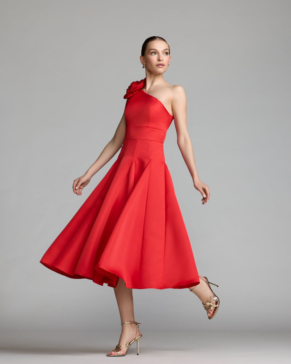 Mac Duggal Red One Shoulder Satin Midi Dress With 3D Flower