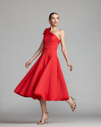 Mac Duggal Red One Shoulder Satin Midi Dress With 3D Flower