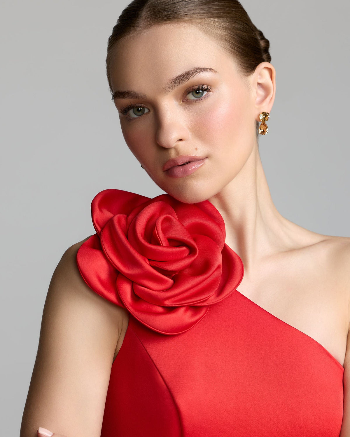 Mac Duggal Red One Shoulder Satin Midi Dress With 3D Flower