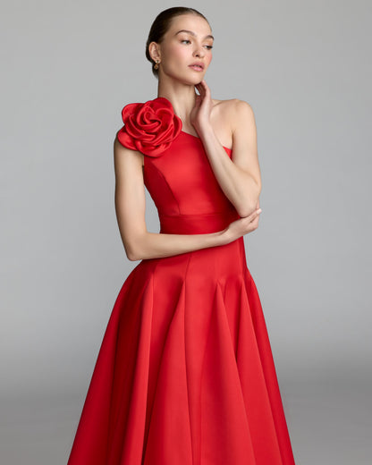Mac Duggal Red One Shoulder Satin Midi Dress With 3D Flower