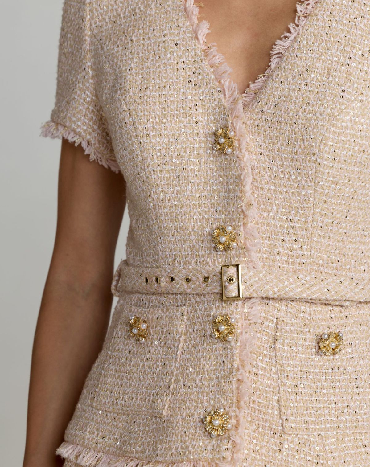 Mac Duggal Light Pink Boucle Button Front Pleated Dress