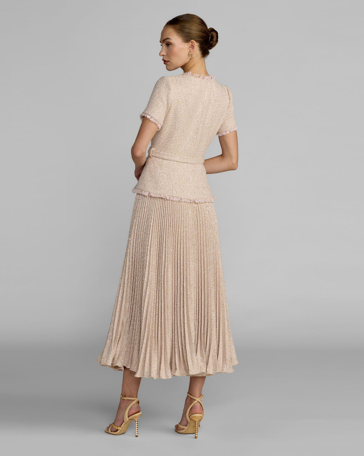 Mac Duggal Light Pink Boucle Button Front Pleated Dress