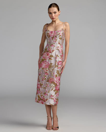 Mac Duggal Pink Brocade Bow Strap Midi Dress