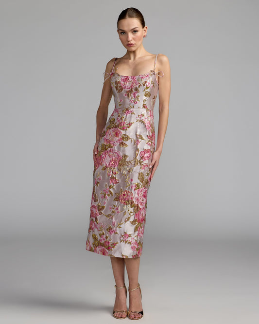 Mac Duggal Pink Brocade Bow Strap Midi Dress