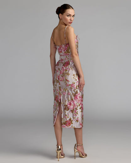 Mac Duggal Pink Brocade Bow Strap Midi Dress