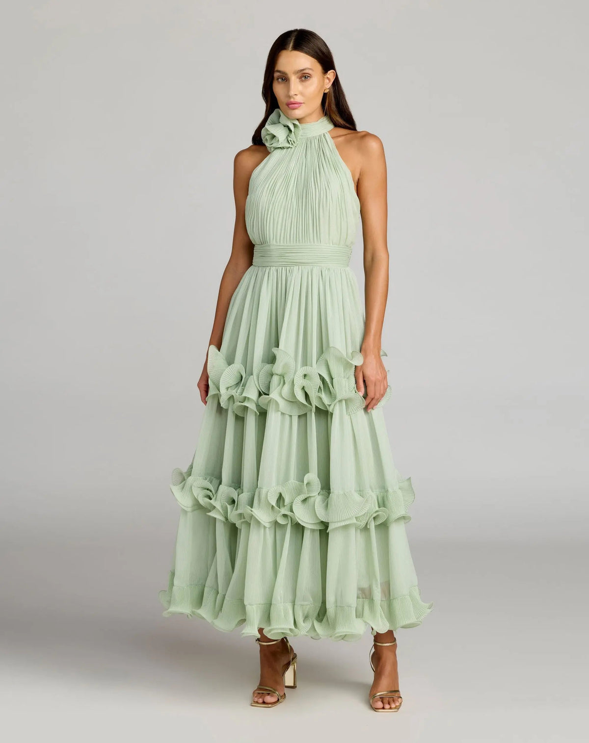 Mac Duggal Green Sleeveless Chiffon Halter Neck Ruffle Midi Dress