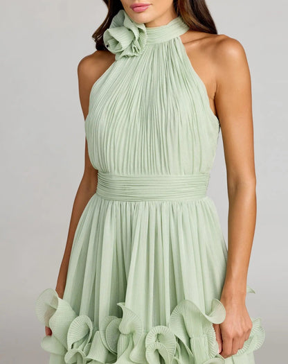 Mac Duggal Green Sleeveless Chiffon Halter Neck Ruffle Midi Dress