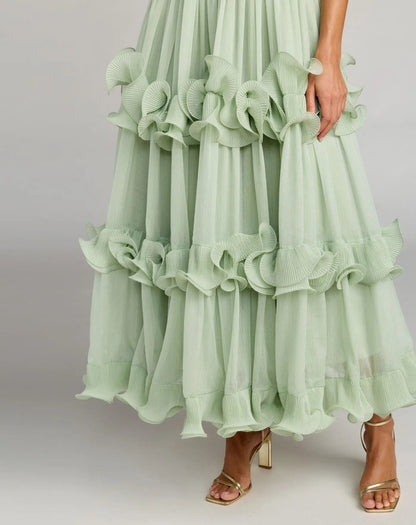 Mac Duggal Green Sleeveless Chiffon Halter Neck Ruffle Midi Dress