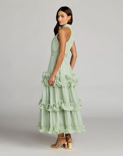 Mac Duggal Green Sleeveless Chiffon Halter Neck Ruffle Midi Dress