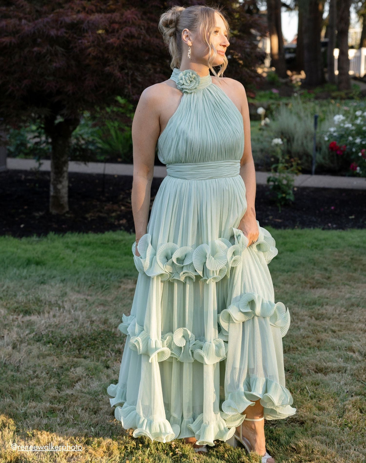 Mac Duggal Green Sleeveless Chiffon Halter Neck Ruffle Midi Dress