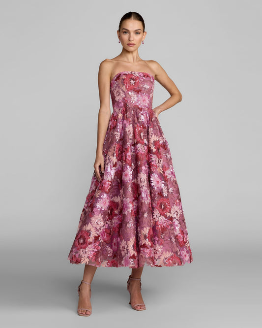 Mac Duggal Purple Floral Sequin Strapless Midi Dress