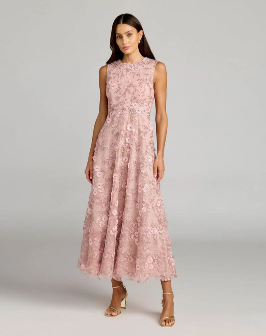 Mac Duggal Petite Pink Floral Embroidered High Neck Midi Dress