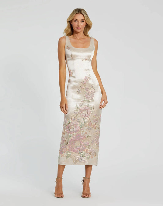 Mac Duggal Petite Champagne Slim Strap Scoop Neck Bustier Brocade Midi Dress