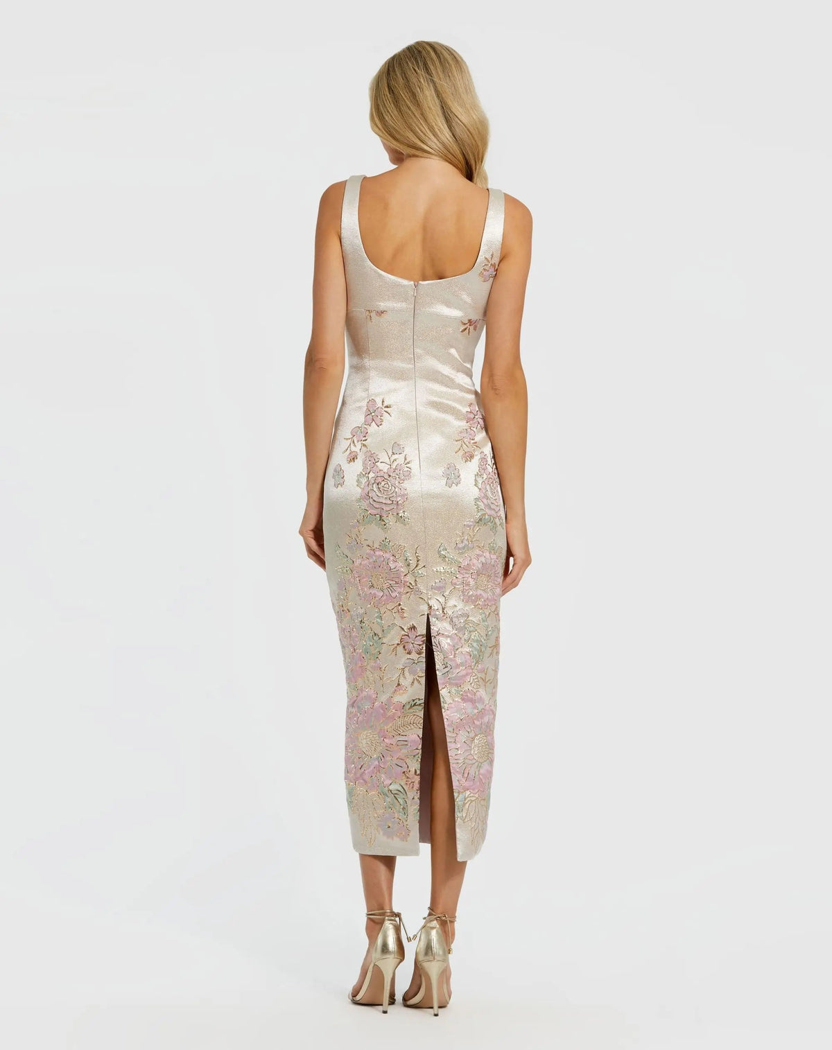 Mac Duggal Petite Champagne Slim Strap Scoop Neck Bustier Brocade Midi Dress