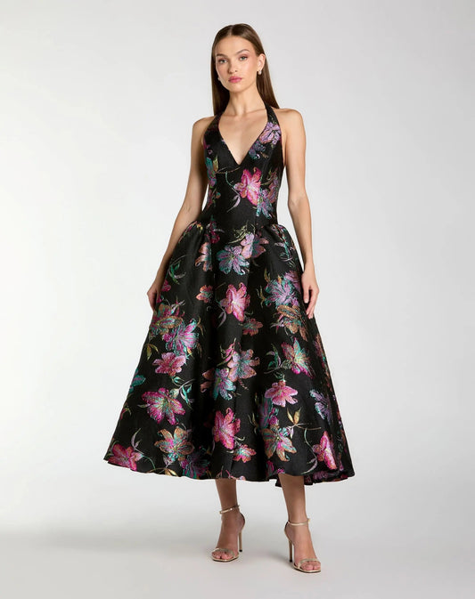 Mac Duggal Black Brocade Halter Neck Open Back Midi Dress