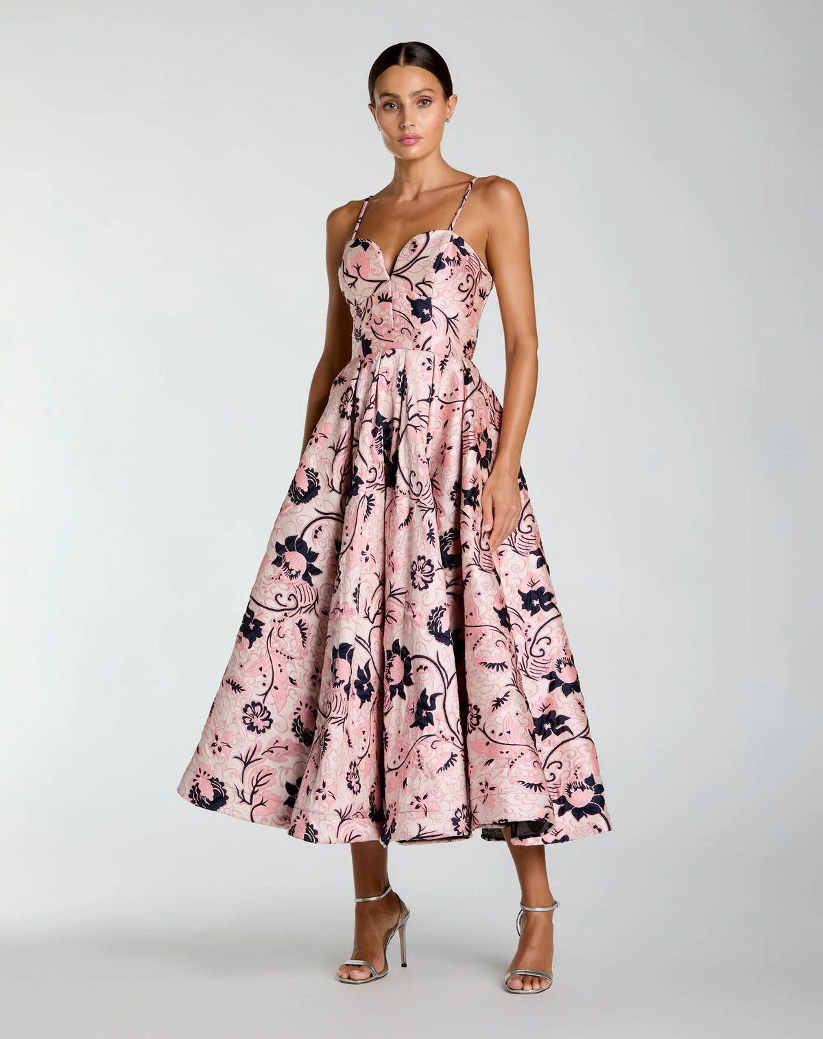 Mac Duggal Pink Brocade Sweetheart Neck A-Line Midi Dress