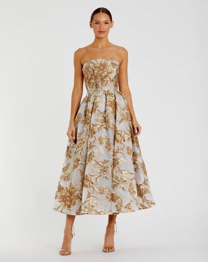 Mac Duggal Petite Gold Strapless Brocade Midi Dress with Pockets