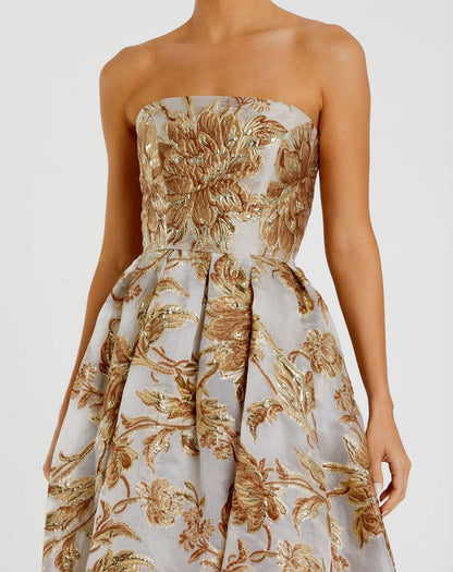 Mac Duggal Petite Gold Strapless Brocade Midi Dress with Pockets