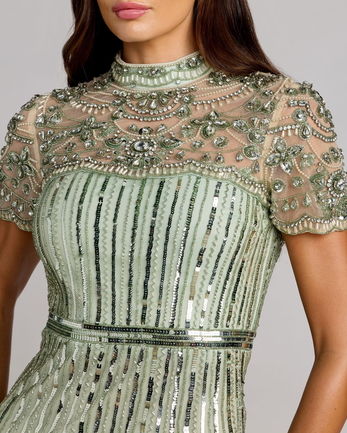 Mac Duggal Green Beaded Mock Neck Midi Dress